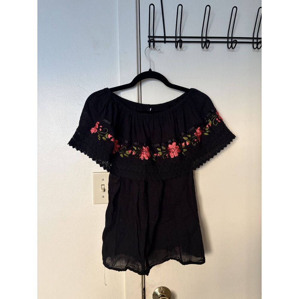 Handmade Mexican Style Embroidered Peasant Blouse Black Red Floral Top Fits S/M